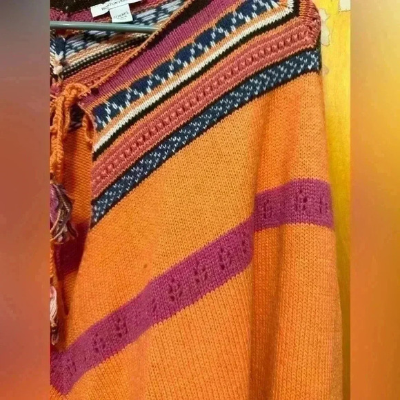Boston Proper Lambswool Nylon Knit Aztec Tribal Poncho M-L Orange Boho 264 - Picture 7 of 10